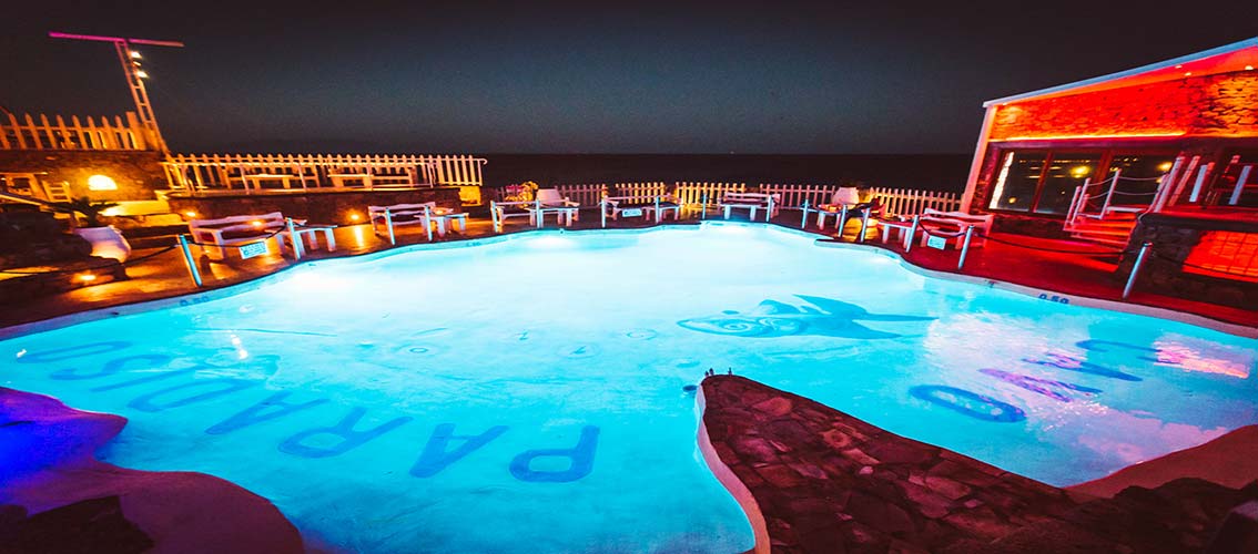Cavo Paradiso view to Mykonos shaped swimming pool